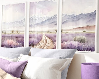 Conjunto de 3 artes de parede em aquarela, impressão de flores roxas, pintura de campo de lavanda, arte de prado de flores, arte de parede de paisagem para impressão