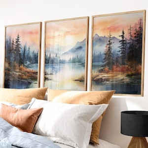 Fall Forest Wall Decor, Sunset Landscape Painting, Vintage Watercolor Nature Prints, Set of 3, Printable Nature Mountain Wall Art