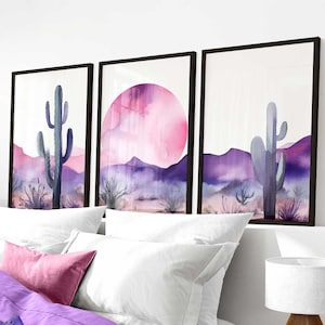 Desert Landscape Watercolor Wall Art Set of 3, Boho Style Painting, Nature Print, Purple & Pink Living Room or Bedroom Printable Art