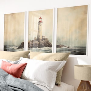 Nautical Wall Art, Lighthouse Prints, Set of 3, Triptych, Rustic Sea Painting, Vintage Seaside Print, Printable Maritime Art