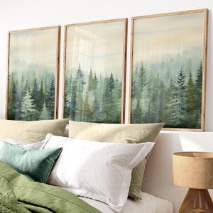 Wald und Berge Malerei, Natur Kinderzimmer Kunst, Grüner Wald Druck, Wohnzimmer Dekor, Herbstwald 3er-Set, druckbare Waldkunst