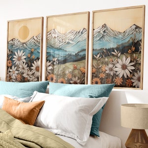 Mountain Landscape Art Print, Vintage Wildflower Painting, Forest & Mountain Print, Outdoors Wall Decor, Cabin Decor, Printable Art