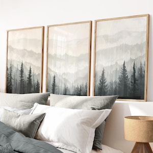 Monochrome Forest Triptych Print, Forest Painting, Living Room Decor, Black & White Wall Art, Misty Mountains, Set of 3,Printable Forest Art