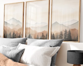 Forest & Mountain Landscape Painting, Nature Nursery Art, Fall Forest Print, Living Room Decor, Autumn Forest Set of 3, Printable Forest Art