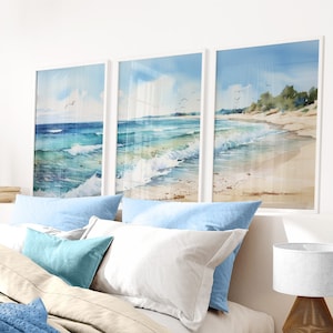 Beach Wall Decor, Coastal Wall Art Prints, Sea Painting, Coastal Home Decor, Blue Ocean Art Print, Set of 3, Printable Landscape Art
