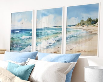 Beach Wall Decor, Coastal Wall Art Prints, Sea Painting, Coastal Home Decor, Blue Ocean Art Print, Set of 3, Printable Landscape Art