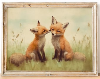 Fox Wall Art, Cute Vintage Animal Art, Baby Fox Painting, Perfect for Nurseries & Kid's Rooms, Printable Nature Wall Decor