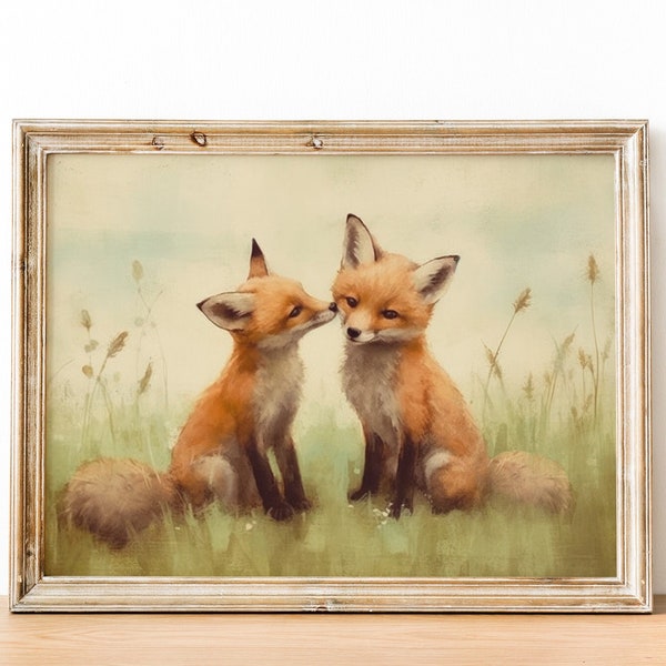 Fox Wall Art, Cute Vintage Animal Art, Baby Fox Painting, Perfect for Nurseries & Kid's Rooms, Digital Printable Nature Wall Decor