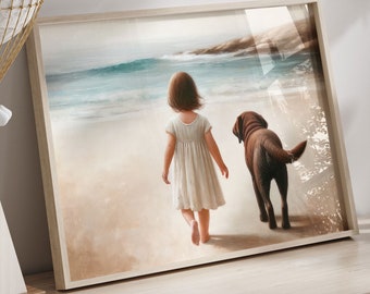 Brown Labrador Retriever Nursery Decor, Girl & Dog Art Print, Dog Nursery Decor, Labrador Print, Puppy Nursery Wall Art, Printable Dog Decor