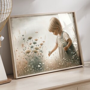 Wildflower Nursery Decor, Girly Wall Art Print, Art for Girls Nursery or Bedroom, Toddler Girl with Flowers Painting, Printable Wall Art