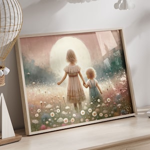 Impresión artística de hermana, arte de pared de hermana, arte de hermandad, pintura de hermana vintage, arte de guardería rústico, decoración de niñas con flores silvestres, arte de niña imprimible