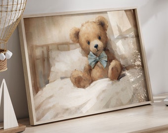 Bären-Kinderzimmer-Dekoration, Vintager Teddybär-Druck, Teddybär-Malerei, rustikale Kinderzimmer-Dekoration, Babyzimmer-Dekor Neutrale, DRUCKBARE Kinderzimmer-Wandkunst
