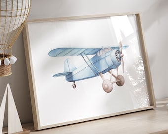 Blue Airplane Nursery Decor, Pastel Nursery Print, Transportation Nursery, Vehicle Nursery, Vintage Airplane Art, PRINTABLE Nursery Wall Art