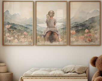 Horse Nursery Decor, Horse Gifts for Young Girls, Set of 3, Farmhouse Equestrian Art, Girls Bedroom Art, Printable Girls Room Art