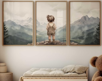 Girl Adventure Decor, Girls Adventure Nursery Prints, Outdoors Art, Nature Girls Playroom or Bedroom, Set of 3, PRINTABLE Girl Wall Art