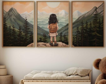 Adventure Nursery Decor, Girl Adventure Art, Set of 3, Mountain Nursery Art Kids, Toddler Girl Room Decor, Printable Nature Wall Art Kids