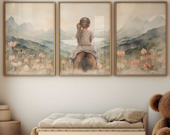 Horse Nursery Decor, Horse Gifts for Young Girls, Set of 3, Farmhouse Equestrian Art, Girls Bedroom Art, Printable Girls Room Art