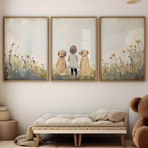 Golden Retriever Nursery Print, Set of 3, Dog Family Portrait, Dog Nursery Decor, Dog Wall Art, Kids with Dogs, Printable Dog Wall Art Girls