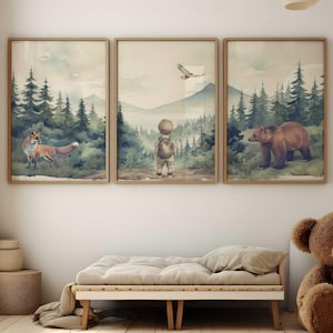 Boy Woodland Wall Decor, Woodland Animal Print, Bear & Fox, Forest Nursery Art Set of 3, Forest Animal, Printable Mountain Boy Room Decor