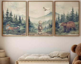 Woodland Wall Art Boys Room, Woodland Animal Decor, Bear & Fox Print, Forest Nursery Art Set of 3, Forest Animal Art, Printable Mountain Art