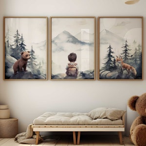 Woodland Nursery Fox & Bear Decor, Forest Animal Prints, Set of 3, Woodland Animals, Forest Art,  Bear and Boy, Printable Boys Bedroom Decor