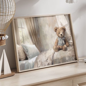 Decoración rústica para habitación de bebé, arte de oso, impresión vintage de osito de peluche, pintura de osito de peluche, decoración neutra para habitación de bebé, arte de pared imprimible para habitación de bebé.