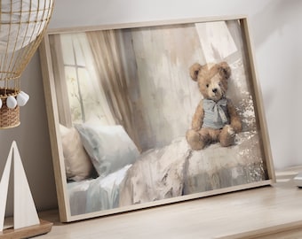 Rustic Nursery Decor, Bear Nursery Art, Vintage Teddybear Print, Teddy Bear Painting, Baby Room Decor Neutral, PRINTABLE Nursery Wall Art