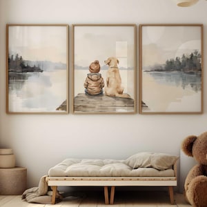 Yellow Lab Nursery Art, Labrador Nursery Decor, Dog Decor Boys Room, Boy & Dog, Set of 3, Toddler Decor Boy, Printable Dog Wall Art for Boys