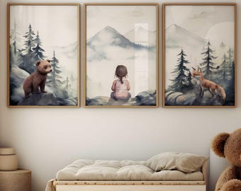 Woodland Nursery Decor Girls, Forest Animal Prints, Set of 3, Bear & Fox, Woodland Animals, Girls Room Nature Art,Printable Girl Bedroom Art