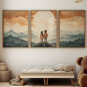 Brother & Sister Adventure Triptych Print Set - Vintage Sibling Wall Art in Orange and Teal, Nursery Room Decor, Printable Artwork