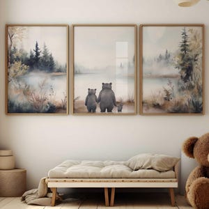Bear Family Prints Set of 3, Forest Animals, Bear Nursery Wall Art, Family of Three, Woodland Nursery, Lake Nursery Art,Printable Family Art
