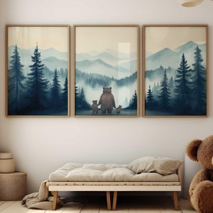Bear Family Art, Bear Dad or Mom & Two Kids Art, Single Dad Gift, Dad and Kid Painting, Woodland Nursery Print Set of 3,Printable Forest Art