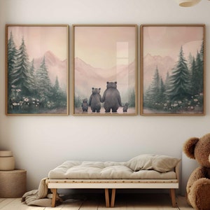 Family Bear Wall Art, Bear Nursery Decor Girl, Family of 4, Animal Family Portrait,Bear Prints for Girl Nursery, Set of 3,Printable Bear Art