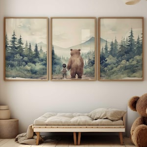 Bear Boy Nursery Print, Brown Bear Nursery Decor, Forest Art Set of 3, Nature Wall Art Kids, Forest Animal, Printable Woodland Nursery Art