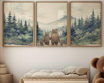 Bear Nursery Decor, Bear Family Prints, Forest Animals, Family of Four, Animal Family Portrait, Set of 3, Boys Room, Printable Family Art