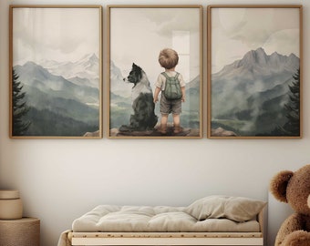 Border Collie Nursery Decor, Boy & Dog Art, Dog Nursery Decor Set of 3, Border Collie Art Print, Nursery Art, Printable Dog Decor for Boys