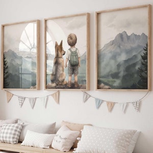 German Shepherd Nursery Decor Set of 3, Boy & Dog Painting, German Shepherd Print, Puppy Nursery Wall Art, Printable Dog Wall Art for Boy