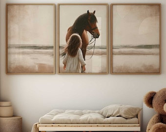 Horse Wall Art Girls Room, Horse Nursery Decor, Set of 3, Horse on the Beach Print, Horse Lover Wall Decor, Printable Horse Decor for Girls