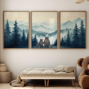 Bear Family Prints, Family of Four,  Bear Wall Art Kids, Woodland Animals, Animal Family Portrait, Set of 3, Boys Room, Printable Family Art