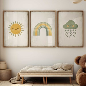 Sun Rainbow Cloud Print, Sun Nursery Decor, Rainbow Wall Art, Set of 3, Boho Nursery Art, Sage Green Nursery Prints, PRINTABLE Kids Art
