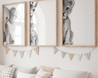 Nursery Safari Baby Animal Wall Art, Set of 3, Black & White Nursery Decor, Baby Animal Nursery Wall Decor, PRINTABLE Nursery Art
