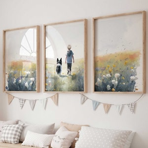 Boy and Dog Prints, Border Collie Nursery Art, Border Collie Print, Kids Room Dog Art, Dog Wall Art for Boys, PRINTABLE Dog Decor Set of 3