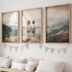 Sibling Wall Art, Vintage Brother & Sister Wall Decor, Girl and Boy, Set of 3, Sister Brother, Sibling Room,Printable Mountain Nursery Decor