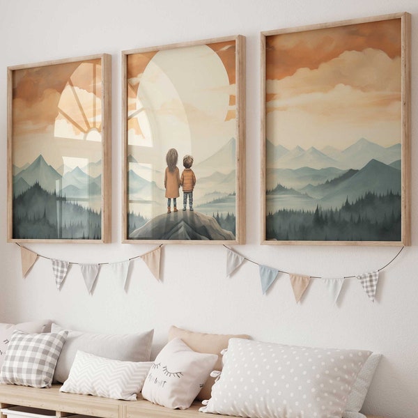 Sibling Print, Adventure Toddler Decor, Set of 3, Brother Sister Wall Art, Vintage Painting for Kids Room, Printable Kids Room Art