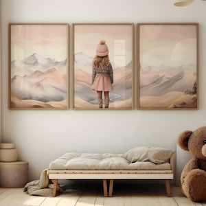 Girl Adventure Print, Set of 3, Girls Adventure Nursery Decor, Mountain Nursery & Nature Decor, Girls Bedroom Decor, PRINTABLE Girl Wall Art