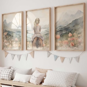 Decor paardenkwekerij, paardencadeaus voor jonge meisjes, set van 3, boerderij paardensport kunst, kunst meisjes slaapkamer, afdrukbare kunst meisjeskamer