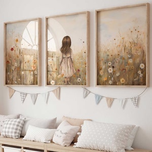 Girly Wall Art Print, Set of 3, Vintage Decor, Girls Room or Nursery Art, Girl with Flowers, Wildflower Nursery Print, Printable Art