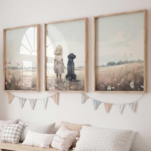 Labrador Nursery Decor, Girl & Dog Painting, Set of 3, Dog Nursery Decor, Black Labrador Retriever, Black Lab Art, Printable Dog Decor Kids