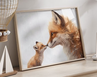 Fox Nursery Decor, Cute Animal Decor, Mother Fox & Baby Fox Kit, Fox Painting, Gender Neutral Kids Nursery Room Print, Printable Art Kids