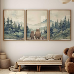 Bear Family Prints, Family of Three, Forest Animals, Bear Nursery Art, Woodland Nursery, Set of 3, Boys Room Decor,Printable Family Wall Art